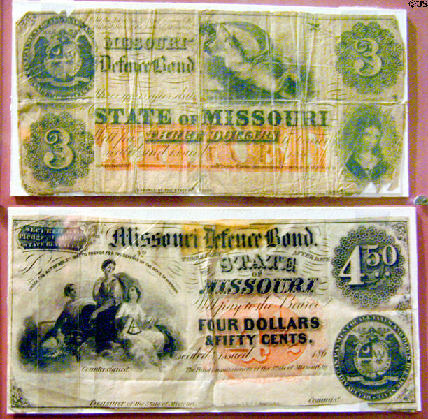 Confederate Missouri Defence Bonds, worthless but used as currency during Civil War in History Hall at Missouri State Capitol. Jefferson City, MO.