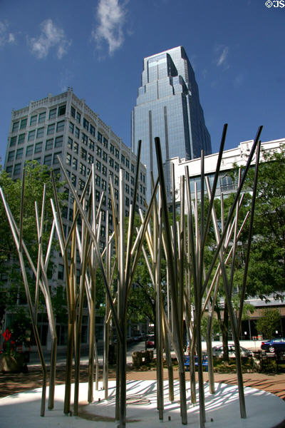 Sculpture of metal trees in park (12th & Walnut St.) opposite former Boley Clothing Company Building. Kansas City, MO.