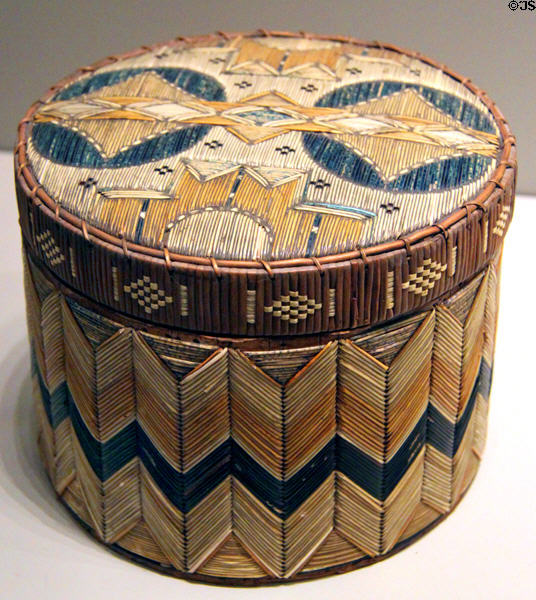 Micmac porcupine quill lidded box (c1840) from Nova Scotia or New Brunswick at Nelson-Atkins Museum. Kansas City, MO.