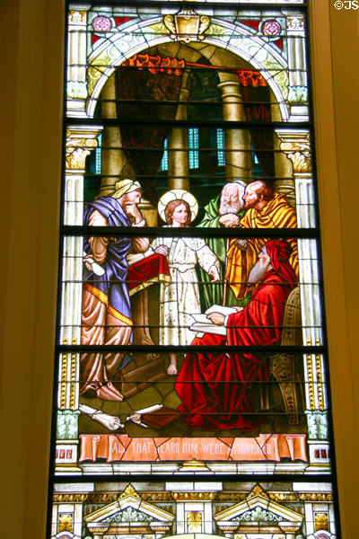 Stained glass window (1912) of Jesus teaching the elders in the temple at Kansas City Cathedral. Kansas City, MO.