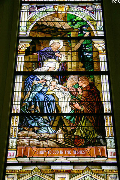 Stained glass window (1912) of shepherds at the manger at Kansas City Cathedral. Kansas City, MO.