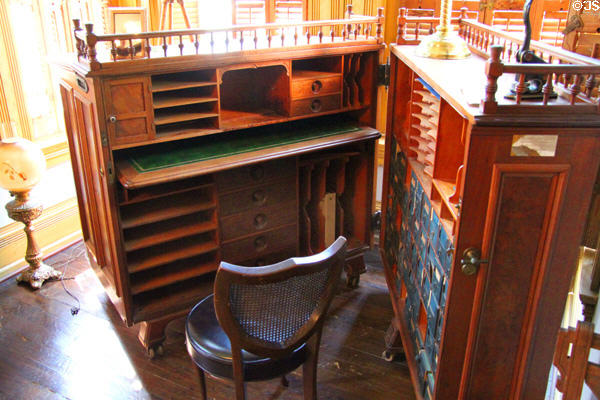 Moore Combination Desk of Indianapolis (c1882) with slide out surface so work-in-progress need not be disturbed at Vaile Mansion. Independence, MO.
