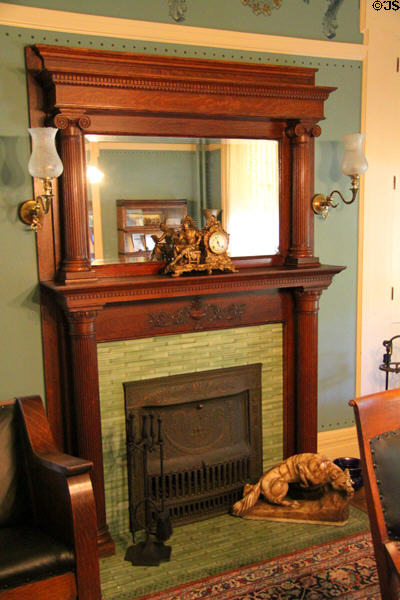 Fireplace & mantle clock at Lewis-Bingham-Waggoner House. Independence, MO.
