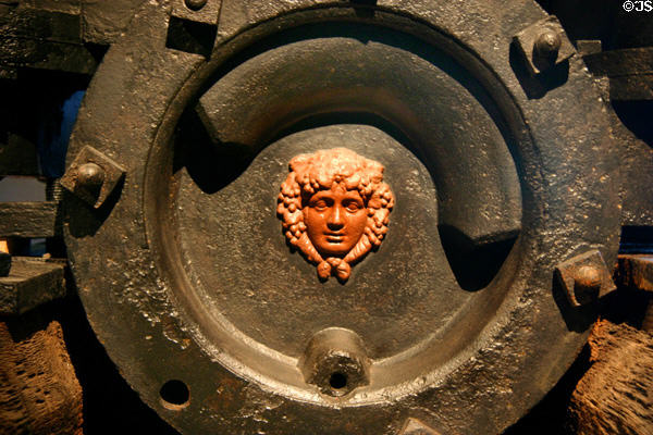 Decoration on iron machinery raised from the Arabia at Steamboat Arabia Museum. Kansas City, MO.