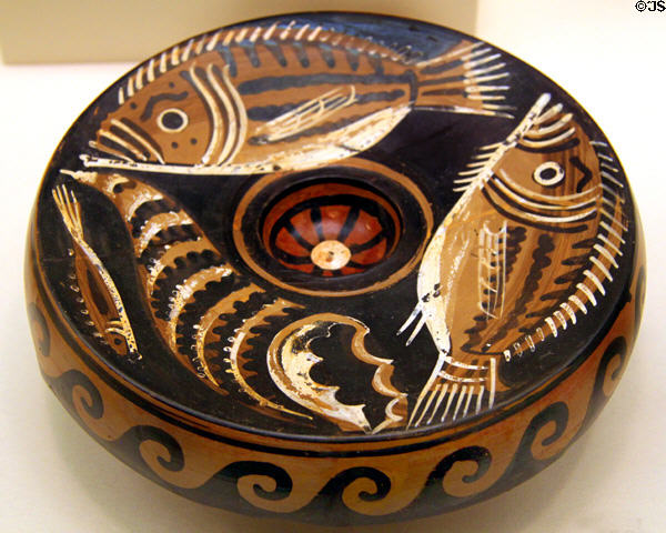 Pottery plate painted with fish (c350-320 BCE) from Apulia, Southern Italy at University of Missouri Museum of Art & Archaeology. Columbia, MO.