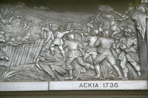 Cast aluminum scene from Battle of Ackia 1736 at War Memorial Building. Jackson, MS. Style: Art Deco.