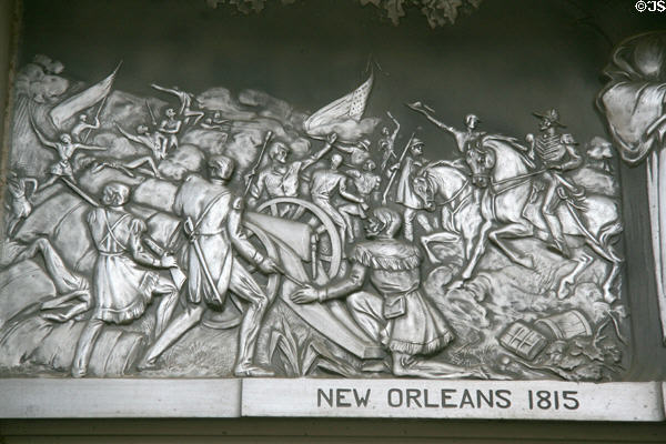 Cast aluminum scene from Battle of New Orleans 1815 at War Memorial Building. Jackson, MS. Style: Art Deco.