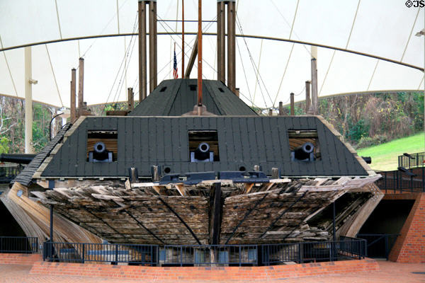 Prow view of USS Cairo recovered from bed of Mississippi River. Vicksburg, MS.