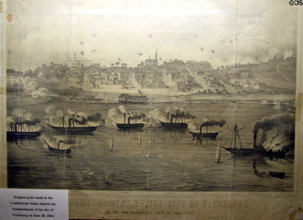 Etching showing bombardment of Vicksburg on June 28, 1862 with river warships in foreground at Old Court House Museum. Vicksburg, MS.