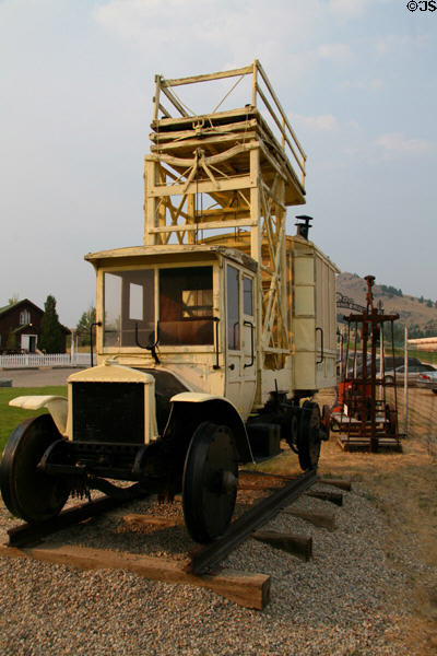 Rail mounted antique truck for working on overhead electric wires at World Museum of Mining. Butte, MT.