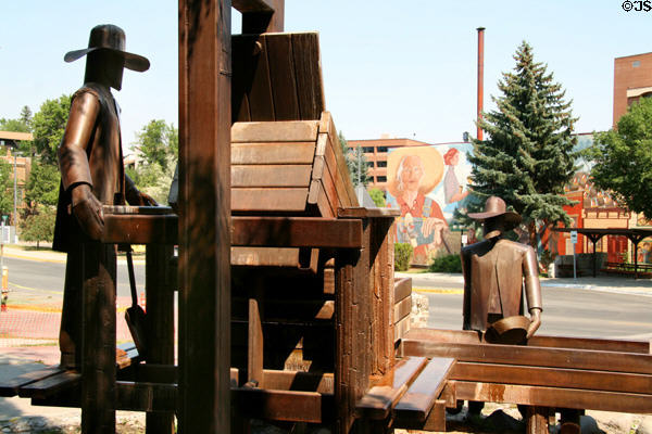 Prospectors sculpture of gold miners panning gold on Last Chance Gulch Mall. Helena, MT.