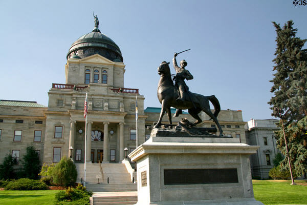 Montana State Capitol with Thomas Francis Meagher statue. Helena, MT.