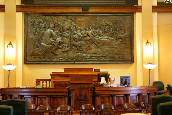 Lewis & Clark bicentennial bronze mural in Senate chamber of Montana State Capitol. Helena, MT.