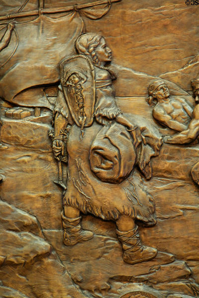 Detail showing Sacagawea with baby on back on bronze mural in Senate chamber of Montana State Capitol. Helena, MT.