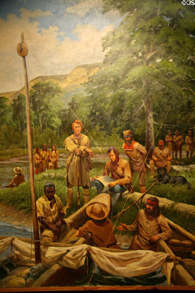 Painting (1988) showing Lewis & Clark party facing decision at juncture of Missouri & Marias Rivers on June 2, 1805 by Robert Morgan at of Montana Historical Society museum. Helena, MT.