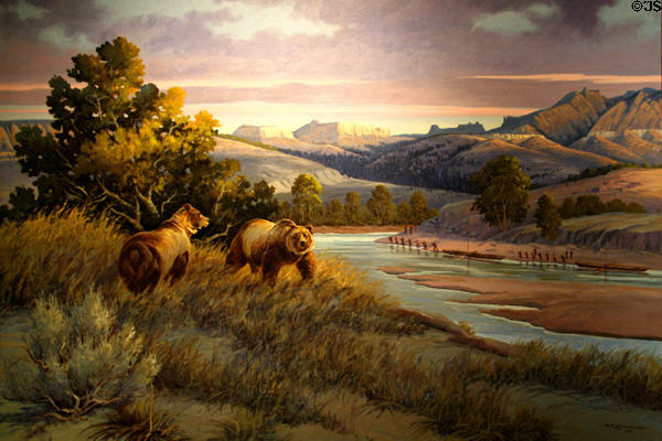 Painting (1988) showing Lewis & Clark party seeing white bears & white cliffs on Missouri River on May 31, 1805 by Robert Morgan at of Montana Historical Society museum. Helena, MT.
