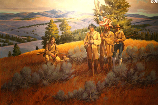 Painting (1988) showing Lewis & Clark at Lemhi Pass carrying flag to show peaceful intention toward Shoshones on July 27, 1805 by Robert Morgan at of Montana Historical Society museum. Helena, MT.