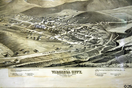 Etching of view of Virginia City (1875) at town Museum. Virginia City, MT.