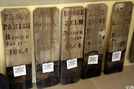 Wooden tombstones of some men hanged by Virginia City Vigilantes at Virginia City Museum. Virginia City, MT.