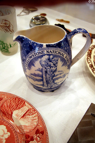 Antique souvenir Yellowstone National Park pitcher with Old Faithful at Museum of the Yellowstone. West Yellowstone, MT.