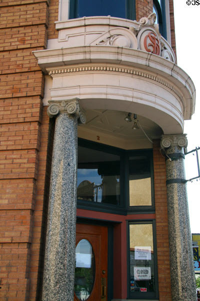 Curved entrance corner of Gallatin State Bank Building. Bozeman, MT.