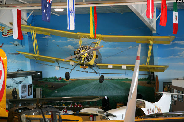 Fargo Air Museum overview with air history mural & Consolidated PT-1 Trusty trainer. Fargo, ND.