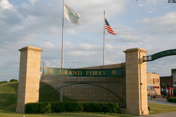 Grand Forks sign on dike gate. Grand Forks, ND.