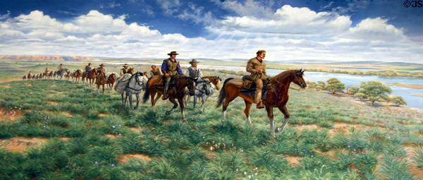 Mural of Mallet Brothers crossing Nebraska (1739) by Sidney King at Aurora Plainsman Museum. The French brothers & associates were first whites to cross NE where they named Platte River & created Santa Fe trail. Aurora, NE.