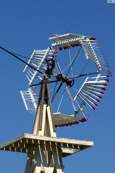 Unusual windmill with multiple small blades in a ring at Stuhr Museum. Grand Island, NE.