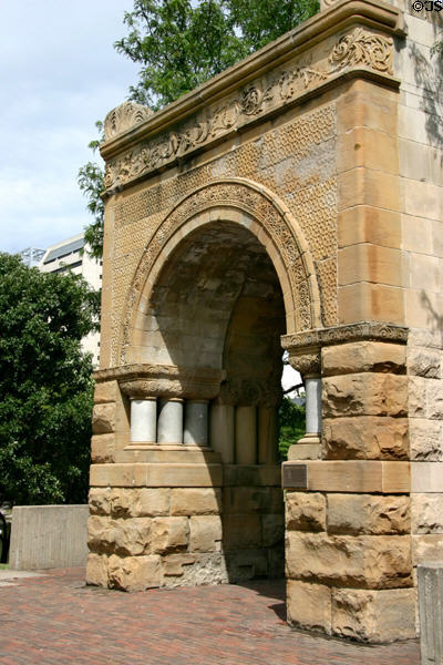 Richardsonian Romanesque arch from former United States National Bank Building (1887) now in Central Park Mall. Omaha, NE.