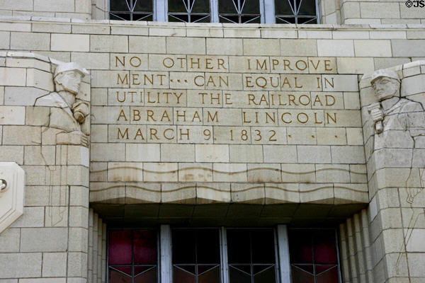 Art Deco figures flank railroad statement by Abraham Lincoln on former Omaha Union Station. Omaha, NE.