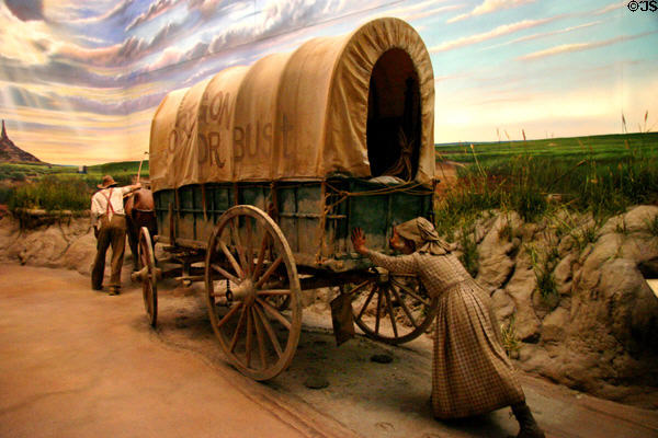 Diorama of settlers with covered wagon at Kearney Arch. Kearney, NE.
