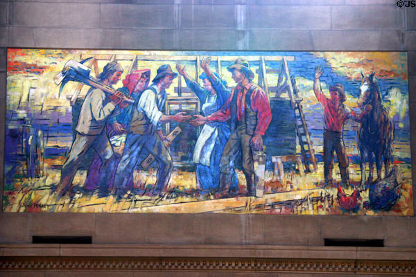 Painting of homesteaders building cabin by James Penney in Nebraska State Capitol. Lincoln, NE.