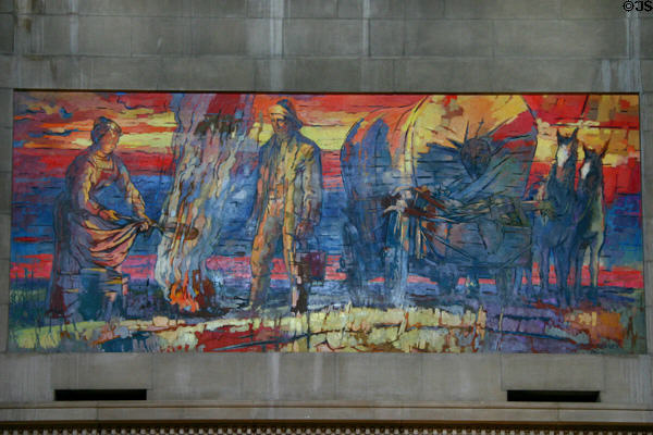 Painting of settlers at evening campfire (1962) by James Penney in Nebraska State Capitol. Lincoln, NE.