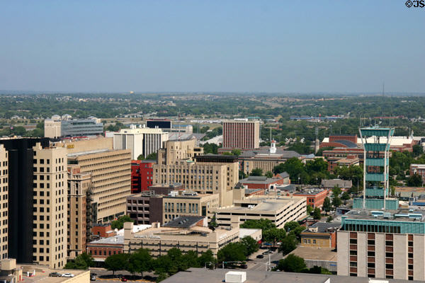 Overview of downtown Lincoln from top of State Capitol. Lincoln, NE.