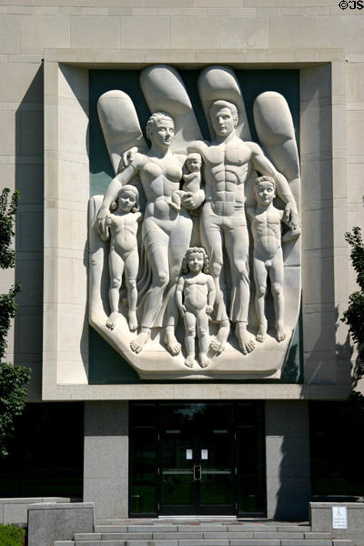 Family sculpture on state building opposite State Capitol. Lincoln, NE.
