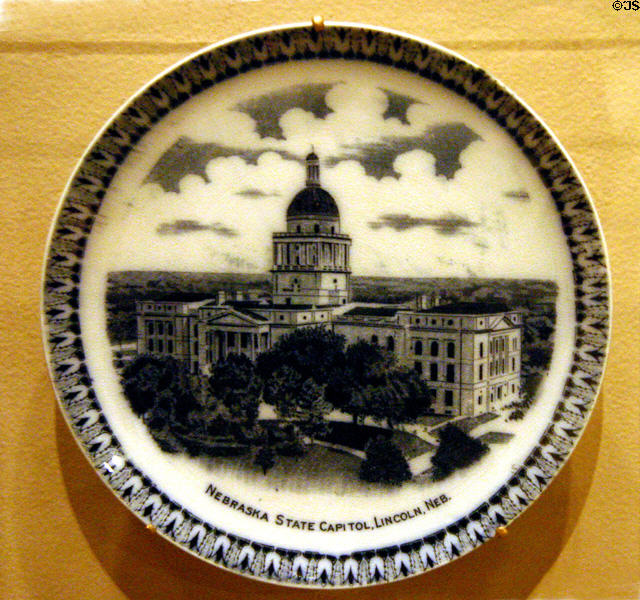 Plate with Second Nebraska State Capitol (1882-8) now replaced by the third highrise capitol at Museum of Nebraska History. Lincoln, NE.