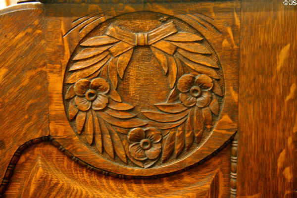 Carving detail of Grover Cleveland desk at Warp Pioneer Village. Minden, NE.