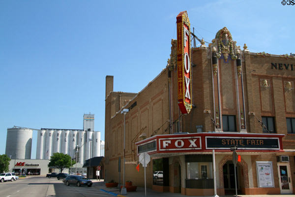 Fox Theater against North Platte grain elevators. North Platte, NE.