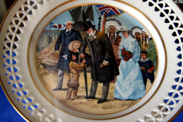 China plate painted with Buffalo Bill meeting King Edward VII (1903) in London at Scout's Rest. North Platte, NE.