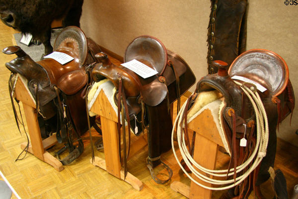 Collection of saddles at Lincoln County Historical Museum. North Platte, NE.