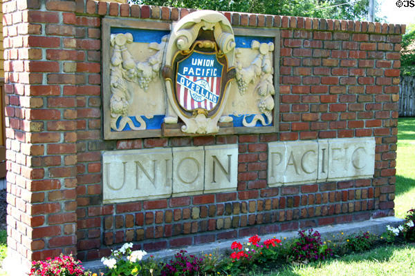 Union Pacific tiles station sign at Cody Park Railroad Museum. North Platte, NE.