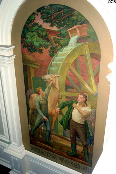 Mural (1942) of John Stark leaving his mill to join Washington's army by Barry Faulkner. Stark who wrote the state motto, 