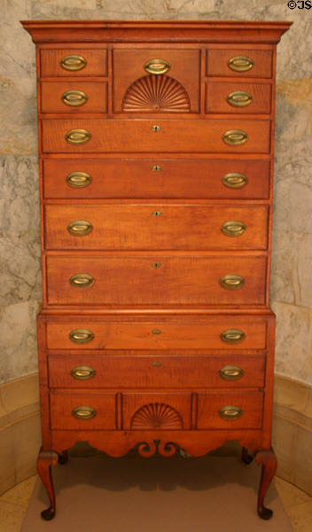 Maple & pine high chest (c1800) from Merrimack Valley at New Hampshire Historical Society Museum. Concord, NH.