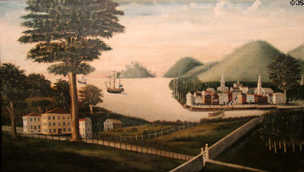 Overmantel picture of coastal New England painting (c1820) by unknown of Eastern New Hampshire at Currier Museum of Art. Manchester, NH.
