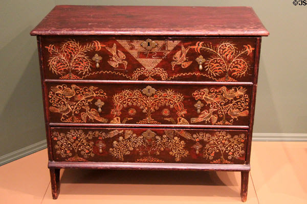 Chest with painted decoration inscribed "SA 1729" (1729) by Robert Crossman of Taunton, MA at Currier Museum of Art. Manchester, NH.