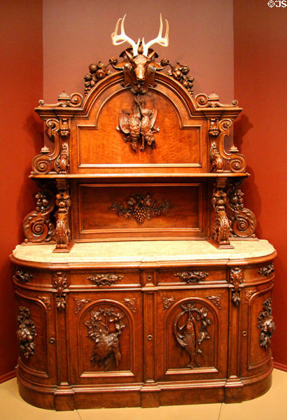 Sideboard with carved hunting themes (c1855) prob. from Boston, MA at Currier Museum of Art. Manchester, NH.