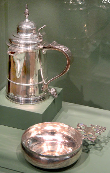 Silver tankard (c1690-99) & Porringer (c1705) both by John Coney of Boston, MA at Currier Museum of Art. Manchester, NH.