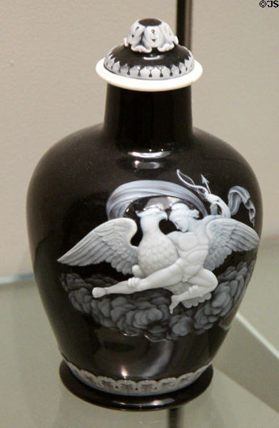 Cameo cut glass covered jar (1880-90) by Thomas Webb & Sons of Stourbridge, England at Currier Museum of Art. Manchester, NH.