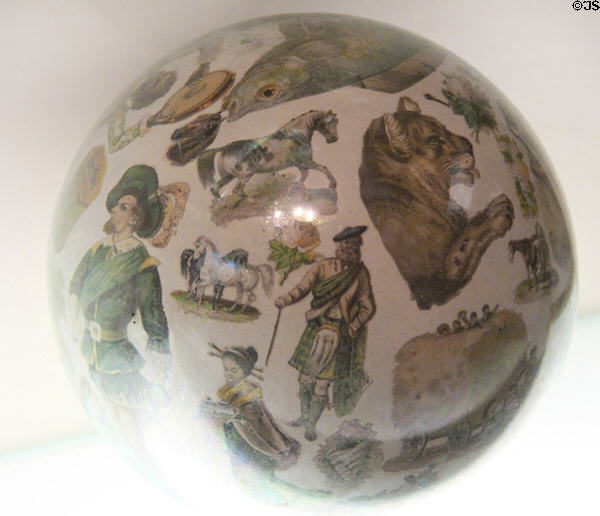 Potichomanie glass globe (c1870-80) by Samuel Ross of Lyndeborough Glass Co., NH at Currier Museum of Art. Manchester, NH.